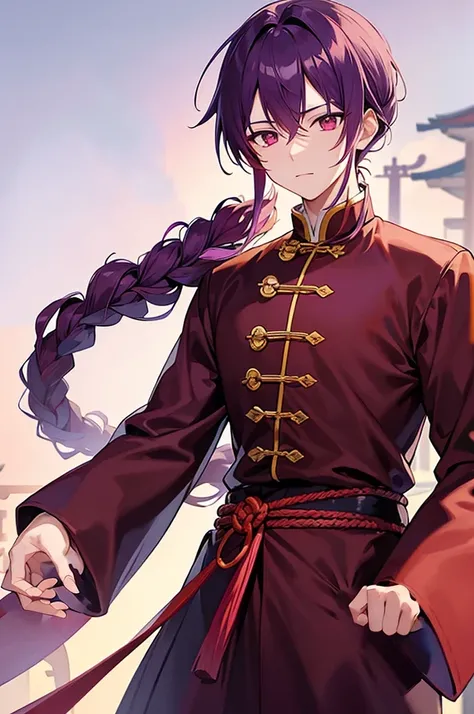 Purple Hair、Red eyes、White background、Anime characters、Knot、Braid、A man wearing Chinese clothing、Black and yellow outfit、A young man with a determined look、Man standing facing forward、Adult male