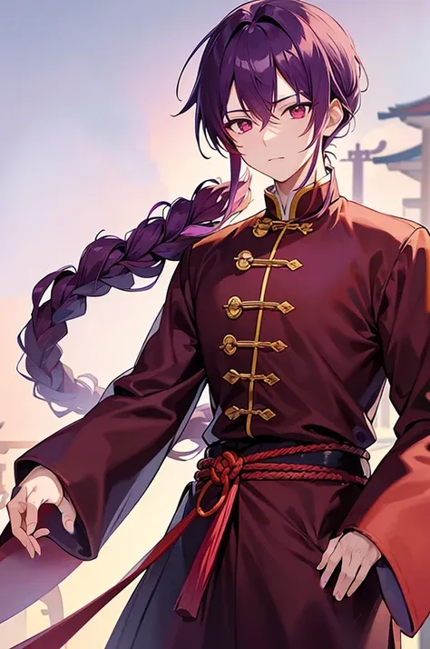 Purple Hair、Red eyes、White background、Anime characters、Knot、Braid、A man wearing Chinese clothing、Black and yellow outfit、A young man with a determined look、Man standing facing forward、Adult male