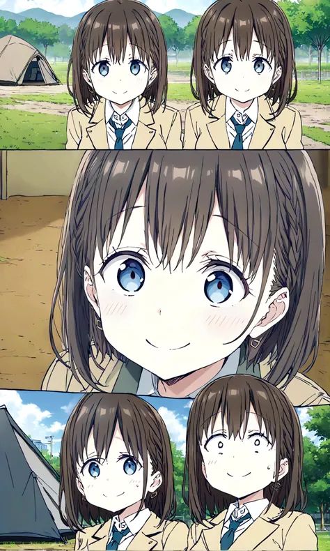 Tawawa on Monday,Ai-chan,Big Breasts,uniform,JK,high school girl,sad smile,homeless tent,park,finely detailed beautiful face,high quality,anime,beautiful,High resolution,anime color,{{{{8K_wallpaper}}}},{{{masterpiece}}},{{{{extremely detailed eyes}}}},{{{...