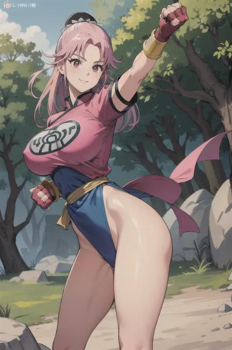 maam,big breasts,beautifuleyes,narrow waist,realistic,solo,outdoor,forest, martialMaam,pink hair,hair bun,long hair,china dress,short sleeves,sash,fingerless gloves,beautiful legs, smile, clenched fists, action pose,:1.1), lady, dragon quest