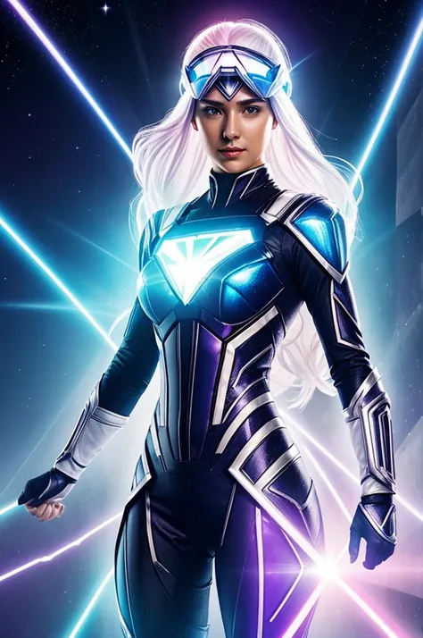 A costume of a female superhero called a bright white prism that reflects light, with prismatic details that change color according to your emotional state. He wears a special visor that amplifies his control over light and protects his eyes. his entire bo...