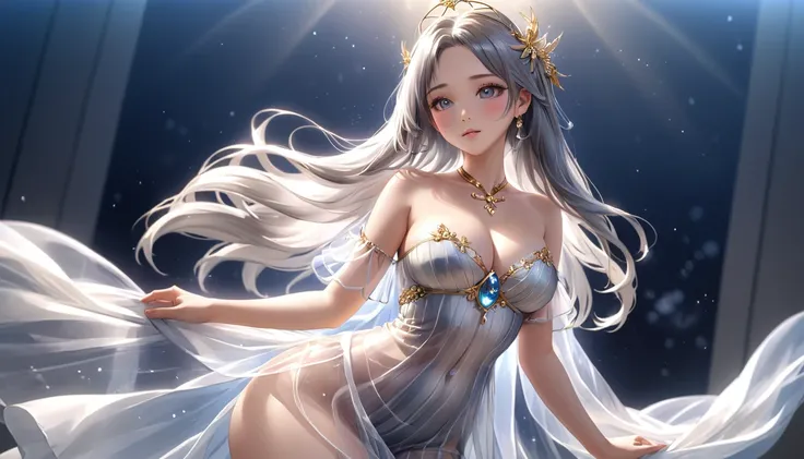 Woman in transparent dress,Viewer,(((Full breasts, Keeley University))),Slim waist,(Navel exposed,Bare waist), Long hair, extreme detailed details, Detailed fantasy art, Stunning character art, Beautiful and exquisite character art, Beautiful transparent d...