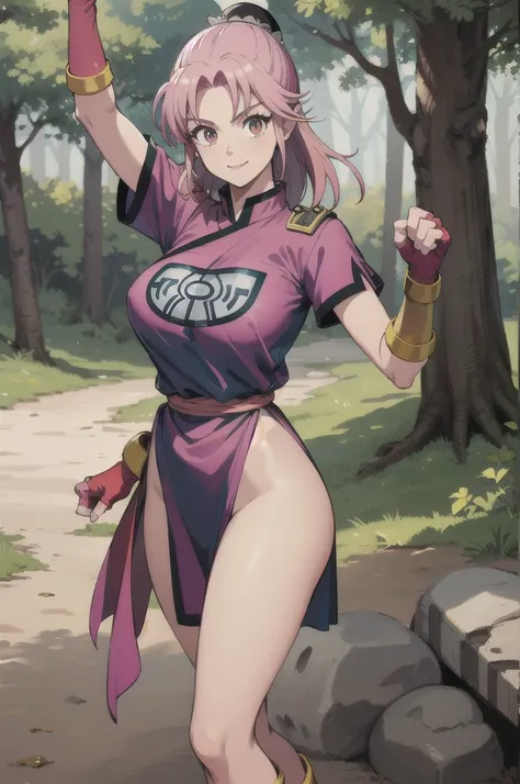 maam,big breasts,beautifuleyes,narrow waist,realistic,solo,outdoor,forest, martialMaam,pink hair,hair bun,long hair,china dress,short sleeves,sash,fingerless gloves,beautiful legs, smile, clenched fists, action pose,:1.1), lady, dragon quest