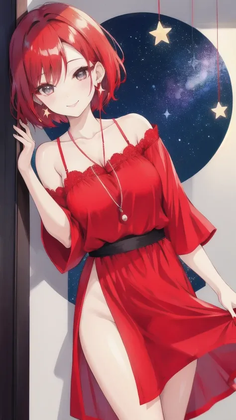 Sexy older female, short red hair, hang out dress, earrings, stars shining, using headphones, smiling softly, no revealing clothes