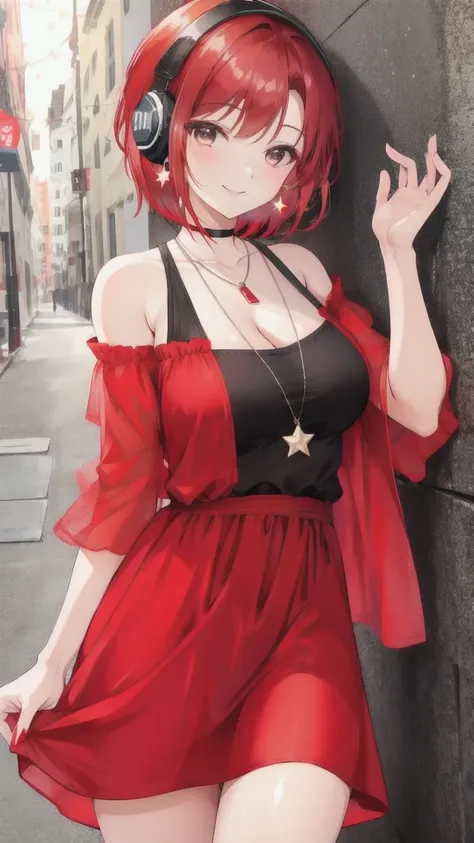 Sexy older female, short red hair, hang out dress, earrings, stars shining, using headphones, smiling softly, no revealing clothes