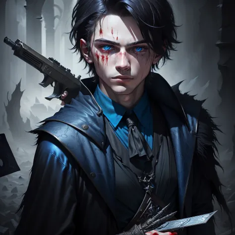 A young wizard boy, closeup portrait, blood on his face, holding a gun in his hand, dark fantasy art, elegant horror art, 4k detailed horror art, dark fairy tale horror, dark fantasy art style, flying cards, blue clothing