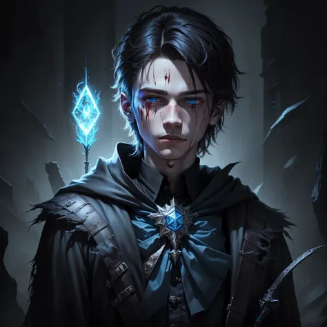 A young wizard boy, closeup portrait, blood on his face, holding a gun in his hand, dark fantasy art, elegant horror art, 4k detailed horror art, dark fairy tale horror, dark fantasy art style, flying cards, blue clothing