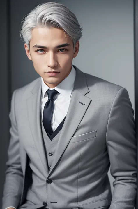 A young man with gray hair and gray eyes in a suit