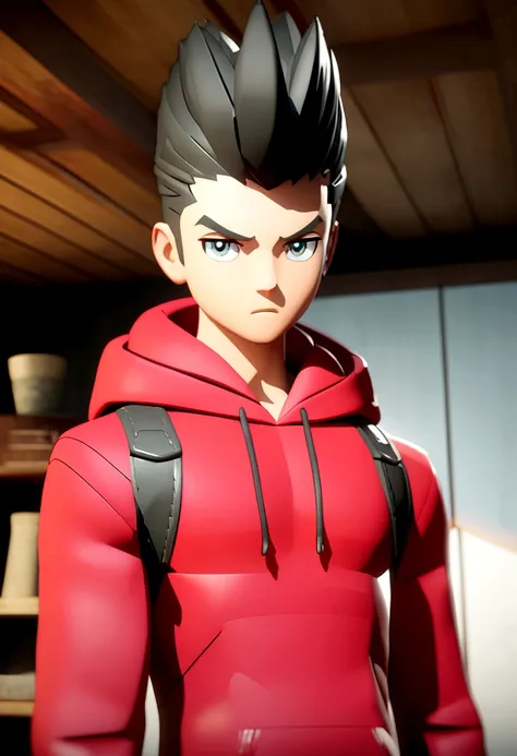 Anime character of a man with quiff and red hoodie, Anime character, Stylized character, anime style rendering, stylized 3D, serious character. For tiktok profile