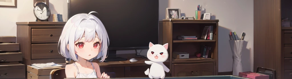 ((((1girl:1.5)))), white hair, red eyes, long hair, (collarbone:1.4), animation style,(2d, chibi, cute, cute, small , big eyes), skin color white, think about something, background/(in the room ,modern girl&#39;s room, bed, Soft mood lighting), ((((rose)))...