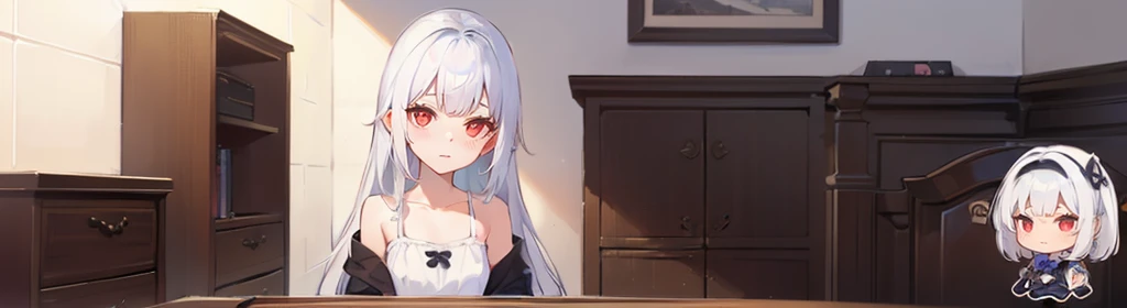 ((((1girl:1.5)))), white hair, red eyes, long hair, (collarbone:1.4), animation style,(2d, chibi, cute, cute, small , big eyes), skin color white, think about something, background/(in the room ,modern girl&#39;s room, bed, Soft mood lighting), ((((rose)))...