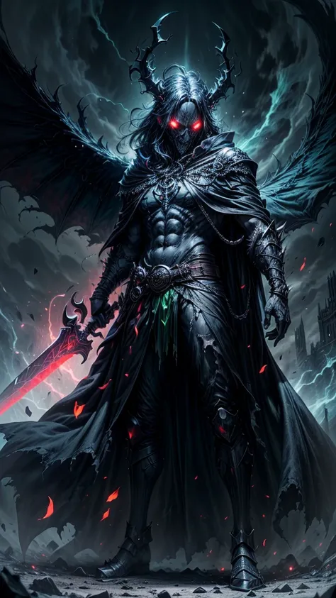 A dark and ominous creature, a god of death with a black crown, red glowing eyes, dynamic point of view, a fantasy character with a large torn black cape, wearing black and torn clothes, holding a magic sword with a blue and green aura around it, magical e...