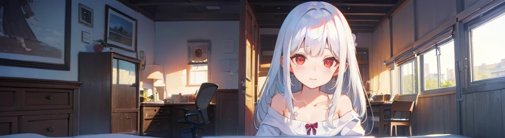 ((((1girl:1.5)))), white hair, red eyes, long hair, (collarbone:1.4), animation style,(2d, chibi, cute, cute, small , big eyes), skin color white, think about something, background/(in the room ,modern girl&#39;s room, bed, Soft mood lighting), ((((rose)))...