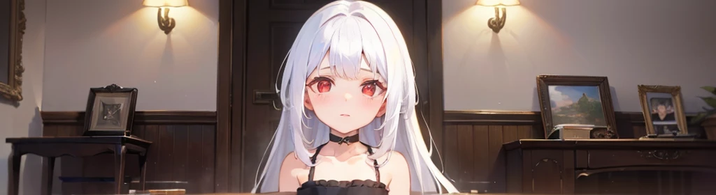 ((((1girl:1.5)))), white hair, red eyes, long hair, (collarbone:1.4), animation style,(2d, chibi, cute, cute, small , big eyes), skin color white, think about something, background/(in the room ,modern girl&#39;s room, bed, Soft mood lighting), ((((rose)))...