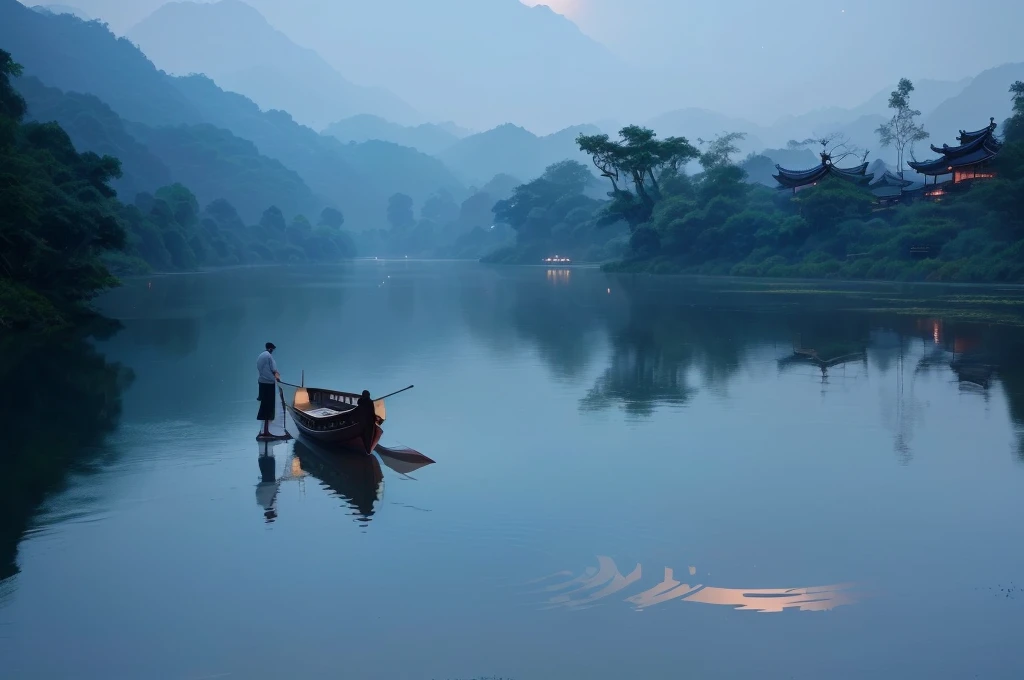 A man stands on a raft in the middle of a river, early morning, early morning, early morning的河流, Peaceful scene, Tranquil scene, peaceful scene, Sitting on a small bamboo boat, On the calm lake, In the peaceful scenery, night, Fisherman, early morning的曙光, ...