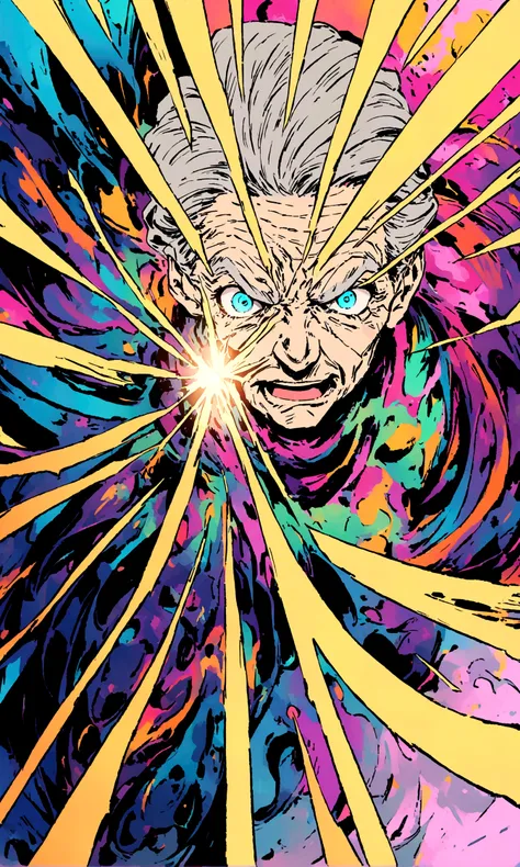 An old mans frightened face in comic book style, depicted in a bold, expressive lines and vibrant colors, against a contrasting gradient background that oscillates between electric blue and neon yellow, evoking a sense of urgency and unease, the subjects e...