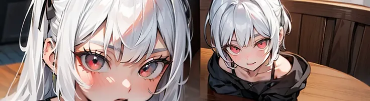 ((((1girl:1.5)))), white hair, red eyes, long hair, (collarbone:1.4), animation style,(2d, chibi, cute, cute, small , big eyes), skin color white, think about something, background/(in the room ,modern girl&#39;s room, bed, Soft mood lighting), ((((rose)))...