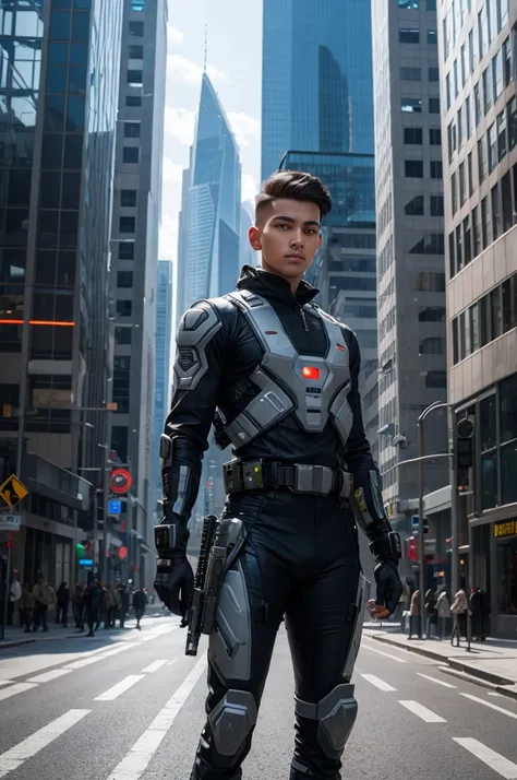 A futuristic soldier armed with futuristic weapons in the middle of the city