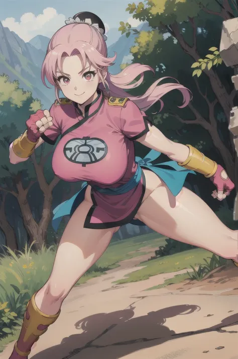 maam,big breasts,beautifuleyes,narrow waist,realistic,solo,outdoor,forest, martialMaam,pink hair,hair bun,long hair,china dress,short sleeves,sash,fingerless gloves,beautiful legs, smile, clenched fists, action pose,:1.1), lady, dragon quest