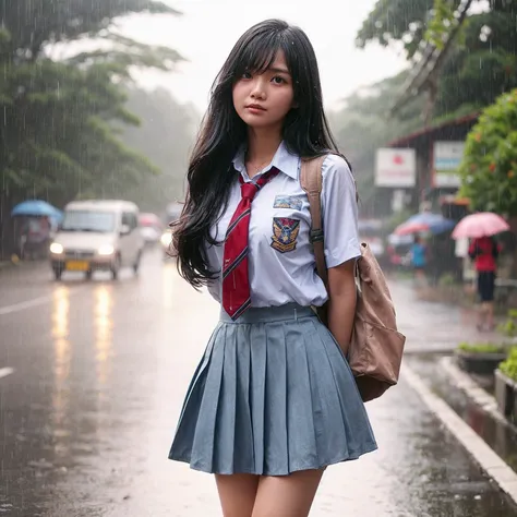 an indonesian young woman wearing a high  is getting rained on. she is holding her skirt up high to keep it from getting wet. th...