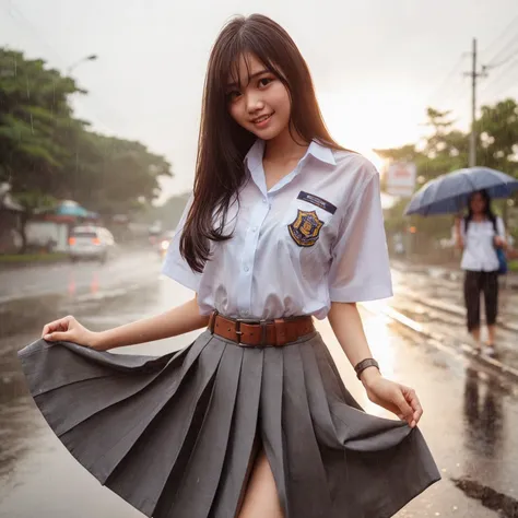 an indonesian young woman wearing a high  is getting rained on. she is holding her skirt up high to keep it from getting wet. th...