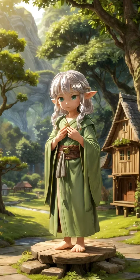 A wise old elf with silver hair, green eyes, and a long green robe, stands in a small, picturesque elven village with wooden houses and lush greenery.
The old elf looks serene and thoughtful.
The scene is set at sunrise, with soft light filtering through t...