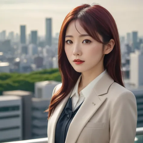 A beautiful, detailed woman in her 20s with dark-red hair, wearing office attire, set against the scenery of Tokyo in the background, ultra-detailed, best quality, masterpiece, 8k, hyperrealistic, photorealistic, dramatic lighting, vivid colors, intricate ...