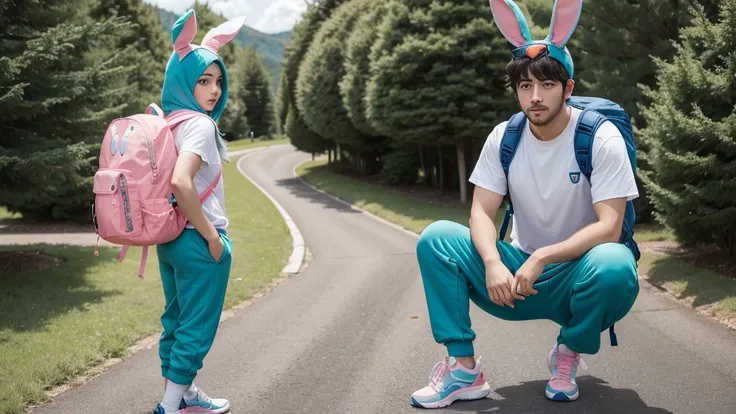 charachter: inspired by anime.
Head: Wearing an adventurer&#39;s hat.
eyeballs: Blue.
vestimentas:
Green team shirt with name "Beco FF" written on it.
Sweatpants.
shoes: Blue, high-pitched.
accessory: Backpack in the shape of a pink bunny.
