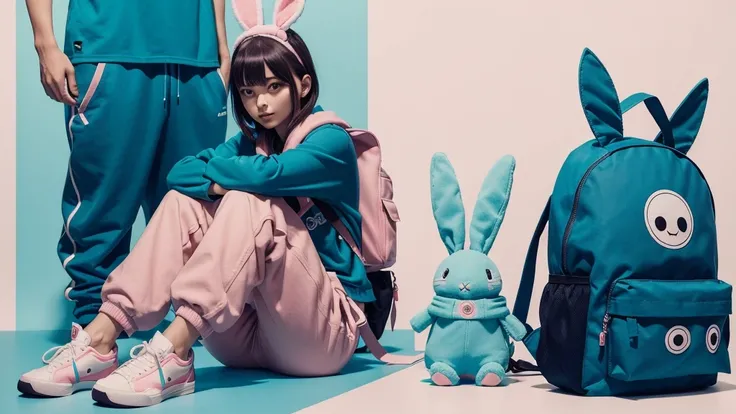 charachter: inspired by anime.
Head: Wearing an adventurer&#39;s hat.
eyeballs: Blue.
vestimentas:
Green team shirt with name "Beco FF" written on it.
Sweatpants.
shoes: Blue, high-pitched.
accessory: Backpack in the shape of a pink bunny.
