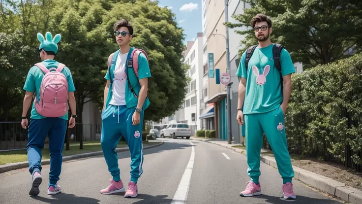 charachter: inspired by anime.
Head: Wearing an adventurer&#39;s hat.
eyeballs: Blue.
vestimentas:
Green team shirt with name "Beco FF" written on it.
Sweatpants.
shoes: Blue, high-pitched.
accessory: Backpack in the shape of a pink bunny.
