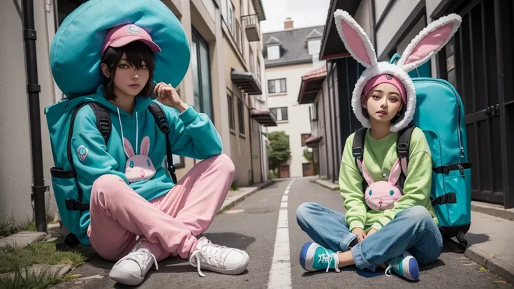 charachter: inspired by anime.
Head: Wearing an adventurer&#39;s hat.
eyeballs: Blue.
vestimentas:
Green team shirt with name "Beco FF" written on it.
Sweatpants.
shoes: Blue, high-pitched.
accessory: Backpack in the shape of a pink bunny.
