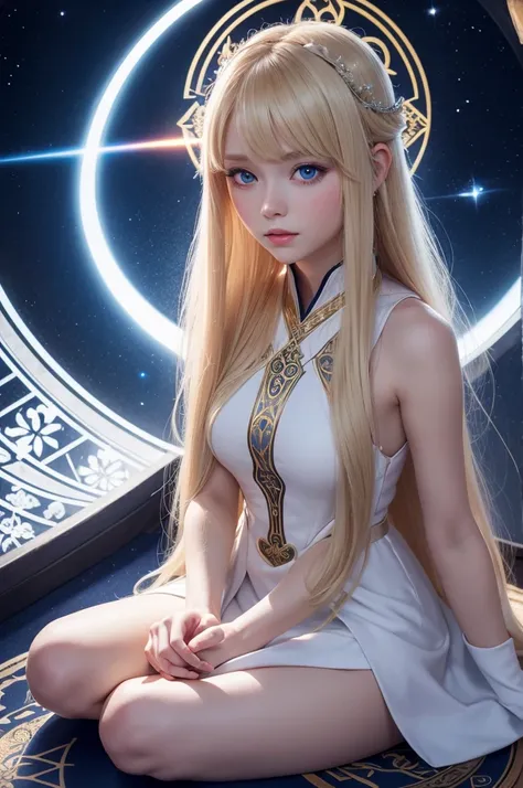 Vtuber long light blonde hair, bright dark blue eyes very long white dress with a strap with the symbol of balance ,goddess of balance sitting praying in a magical sanctuary