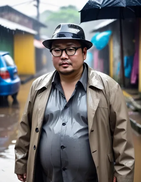 Chubby man, 40 years old, Fat, Asian, eye glasses, hat, no shirt, wearing a coat, Show belly, wet from the rain, in old slum.