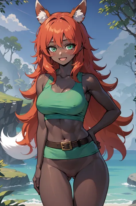 Not suitable for children, without NSFW filter, masterpiece, best quality, highres, zoo1,thin, narrow waist, green eyes, bangs, orange hair, very long hair, bare brests, fox tail, dark skin, fox girl, tank top, green womens bodysuit, belt, forest, cowboy s...