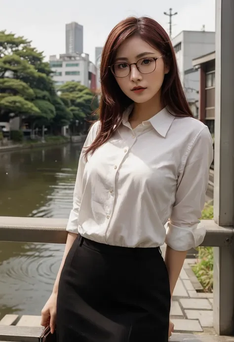 a woman in her 20s, office attire, glasses, dark red hair, wolf-cut hairstyle, detailed face, detailed eyes, detailed lips, detailed nose, Tokyo cityscape background, photorealistic, ultra-detailed, cinematic lighting, vibrant colors, 8k, best quality