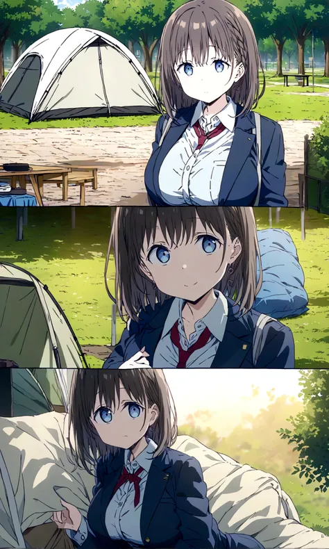 Tawawa on Monday,Ai-chan,Big Breasts,Blue Blazer,high school girl,temptations,whole body,homeless tent,park,finely detailed beautiful face,high quality,anime,beautiful,High resolution,anime color,{{{{8K_wallpaper}}}},{{{masterpiece}}},{{{{extremely detaile...