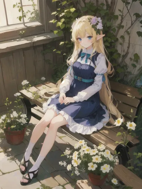 anime elf girl sitting on a bench with a flowers,  in dress, cute anime waifu in a nice dress,, shot from about, blonde long hair