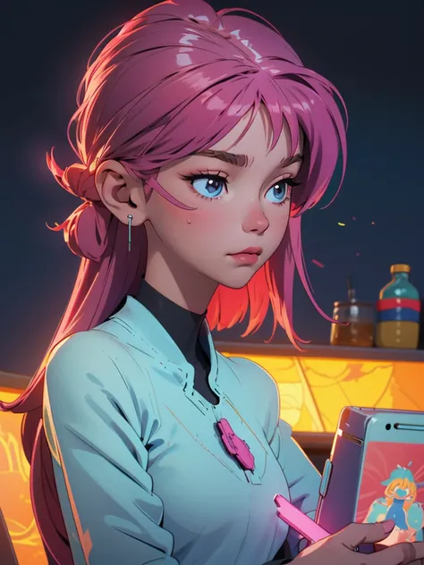 In the soft glow of neon lights, a young girl lies peacefully asleep, her earbuds still in place, connected to a phone that rests gently against her chest. The serene expression on her face suggests a tranquil escape into dreams, perhaps lulled by the soot...