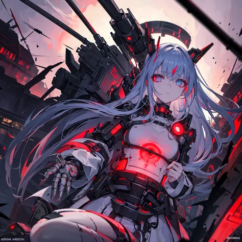 ,A girl with a mechanical body, and one cybernetic eye that glows red. In the background is a night view of a futuristic city,Beautiful Dress, Elegant, Dead, Horror, Anxious, Scary, Creepy, Scary, Spooky, Weird, Bizarre, Detailed
