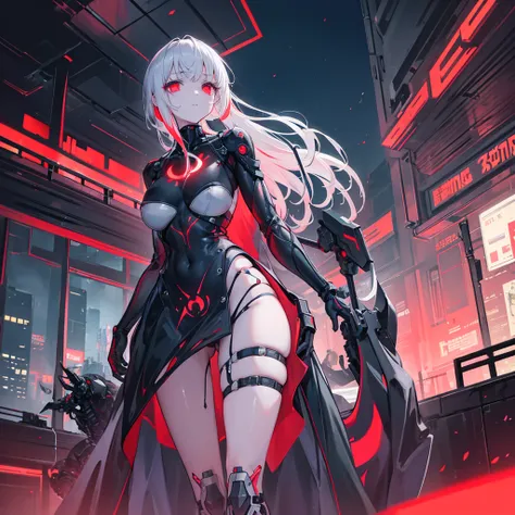 ,A girl with a mechanical body, and one cybernetic eye that glows red. In the background is a night view of a futuristic city,Beautiful Dress, Elegant, Dead, Horror, Anxious, Scary, Creepy, Scary, Spooky, Weird, Bizarre, Detailed
