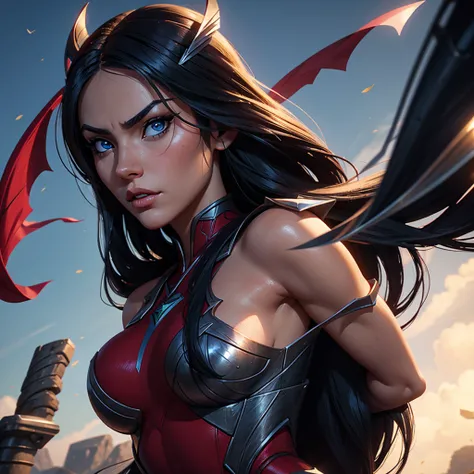 irelia from league of legends, a beautiful 24 years old woman, asian girl, dark blue long hair, blue eyes, fit body, she controls blades in the air, serious face, detailed photograph, 8k, uhd, high quality photo, bright day, grassland background, sexy girl...