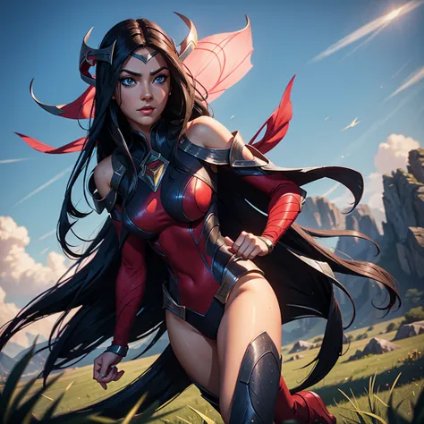 irelia from league of legends, a beautiful 24 years old woman, asian girl, dark blue long hair, blue eyes, fit body, she controls blades in the air, serious face, detailed photograph, 8k, uhd, high quality photo, bright day, grassland background, sexy girl...