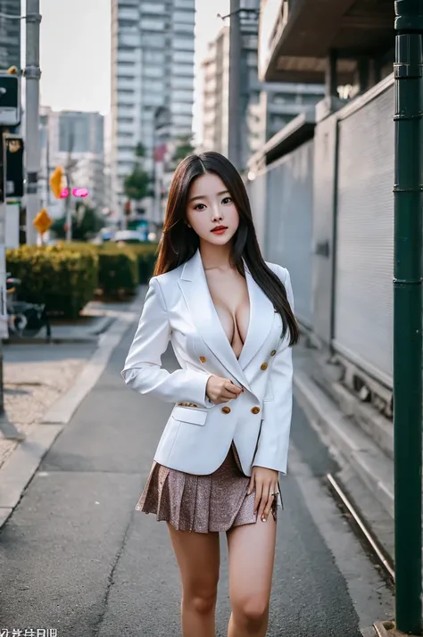 a 19 year old girl, she is the most beautiful actress in the world, the perfect body proportions of this girl, the blazer is worn on the formal shirt thats clothing her upper body, indirect shape of clothed large breasts, her crotch area of the panties are...