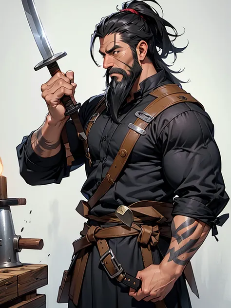 Male blacksmith、55 years old、Black beard、Great muscles、striking a sword with an iron mallet、KajiNo hair、countless scars on the body