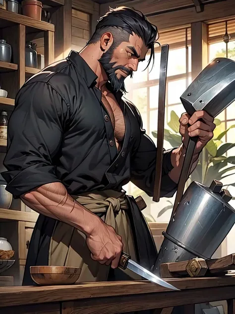 Male blacksmith、55 years old、Black beard、Great muscles、striking a sword with an iron mallet、KajiNo hair、countless scars on the body