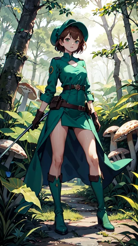 Nausicaa,One girl,
green_dress,length_sleeve,
green gloves,
spats,
knees_boots,
whole body,
Fungi_forest,