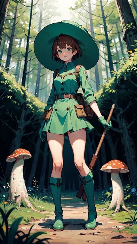 Nausicaa,One girl,
green_dress,length_sleeve,
green gloves,
spats,
knees_boots,
whole body,
Fungi_forest,