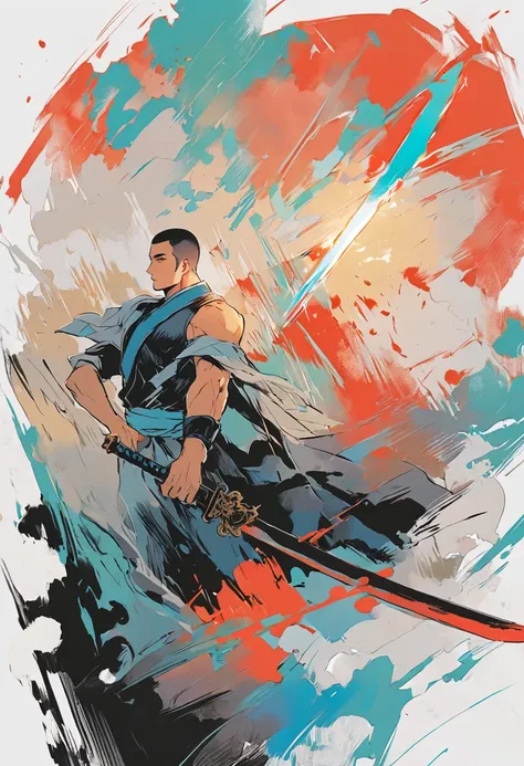 Chinese swordsman，Male swordsman，muscular，short hair，Buzz Cut，Handsome，Simple lines，Abstract Art，Holding a red long sword，