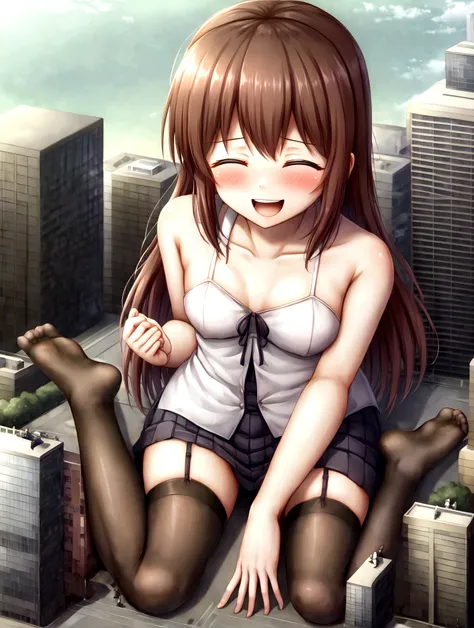 Aerial view of Little Tokyo、Tokyo Tower、mega size giantess、Trying to stomp、Anime illustration、Horror illustration、Panic Illustration、Hentai Illustration、grotesque illustration、business suit、giantess、Giantess、Gloomy Weather、creepy and scary face、Laughing wi...