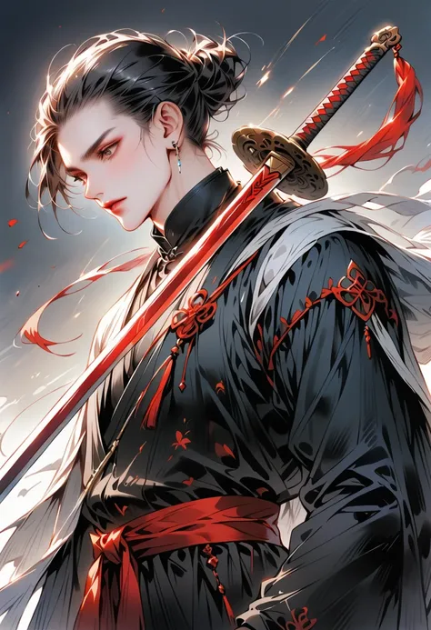 Chinese swordsman，Male swordsman，muscular，short hair，Buzz Cut，Handsome，Simple lines，Abstract Art，Holding a red long sword